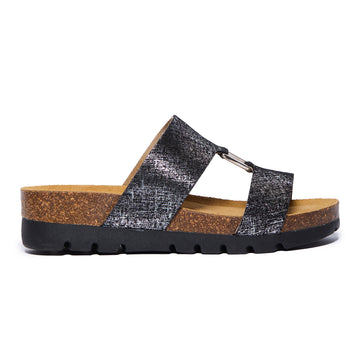 Pewter Crinkle Plakton Clarissa sandal with two wide leather straps connected by a gold metal detail, cork and Memory Foam footbed, and a white lightweight sole.